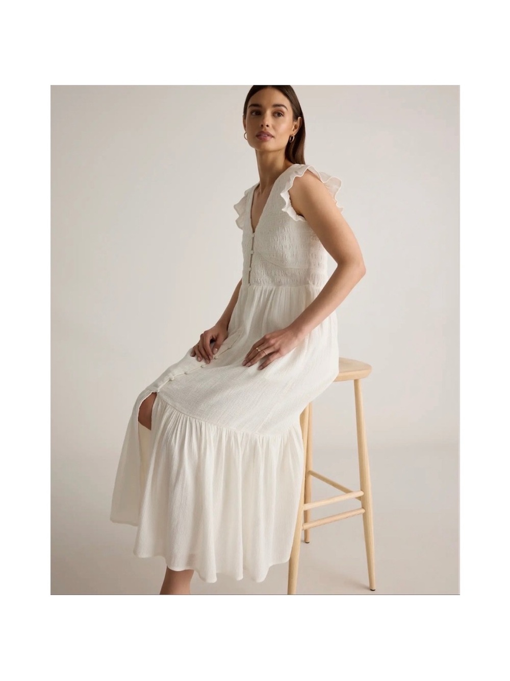 Quince Organic Textured Cotton Smocked V-Neck Midi Dress White XS - Picture 2 of 14